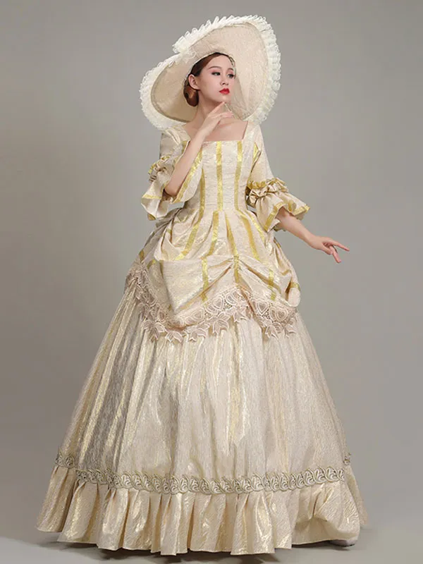 Champagne  Retro Tudor Dress Costumes  Women's Lace Ruffles Polyester Tunic Hat Dress Euro-Style Marie Antoinette Costume Vintag